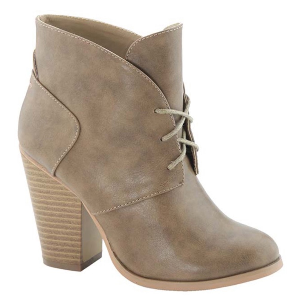Taupe Leather Chunky Heel Booties Lace Up